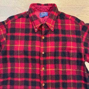 Vintage 60's Pendleton Red Plaid Fireside Button Down Wool Flannel Shirt Men's L